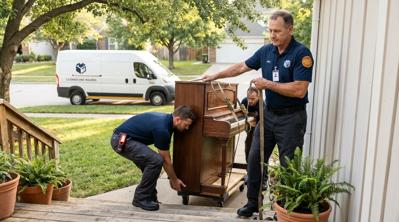 Licensed piano movers securing grand piano in Chino, CA