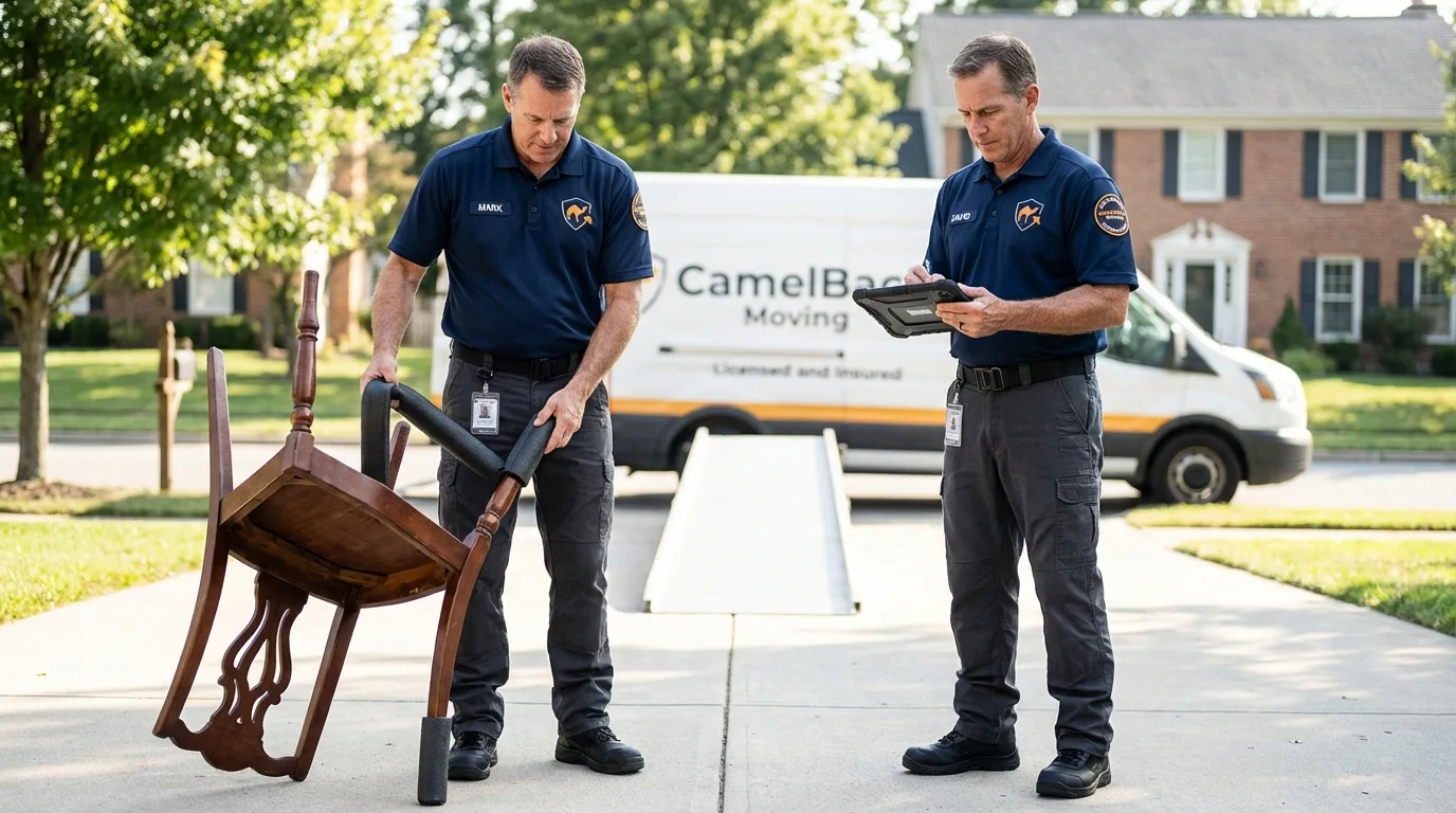 Movers inspecting furniture for damage prevention before loading in Chino, CA